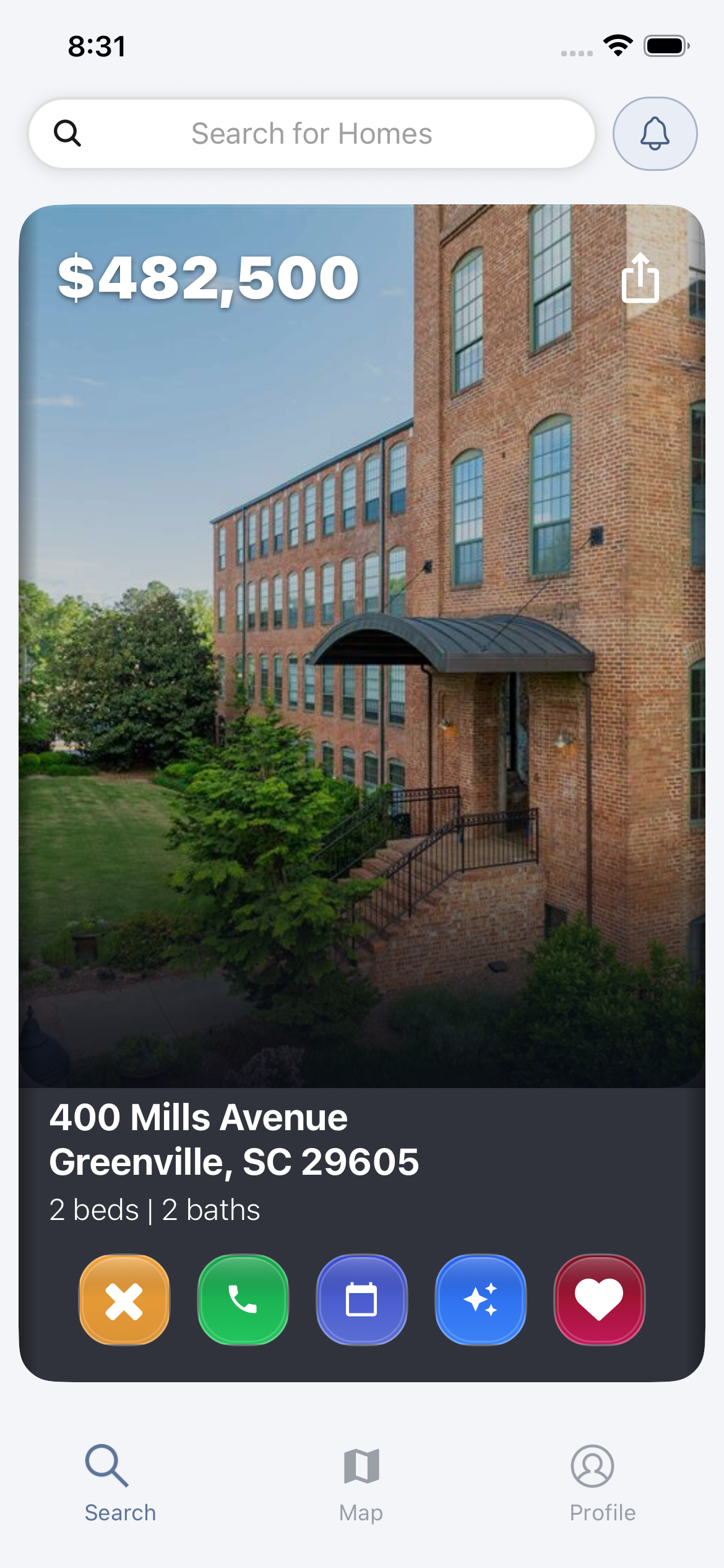 Flika app showing a $482,500 home listing at 400 Mills Avenue, Greenville SC with action buttons